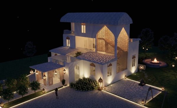Sujud night render with lit geometric screens